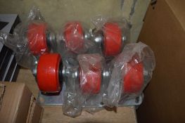 6 - 4 inch fixed/unbraked red nylon castor wheels New & unused
