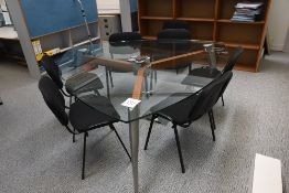 Glass topped meeting table 2m x 2m
c/w 7 stand chairs