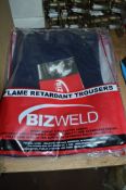 5 pairs of Biz-Weld blue flame retardant trousers size 30W x 31L New & unused