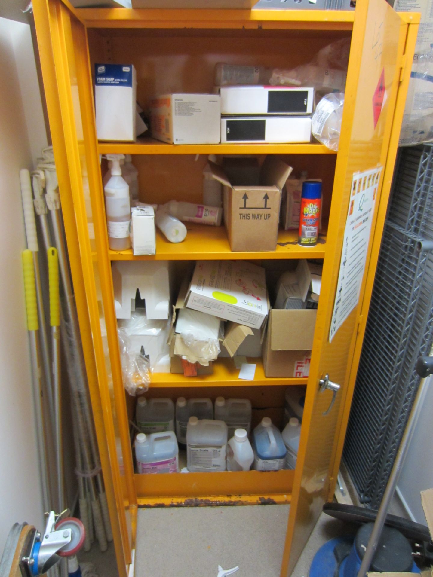 Yellow Double Door Flammables Cabinet & Contents Comprising Various Janitorial Supplies - Image 2 of 3