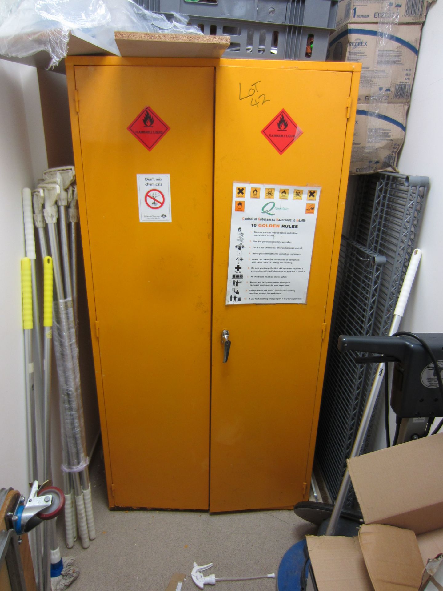 Yellow Double Door Flammables Cabinet & Contents Comprising Various Janitorial Supplies