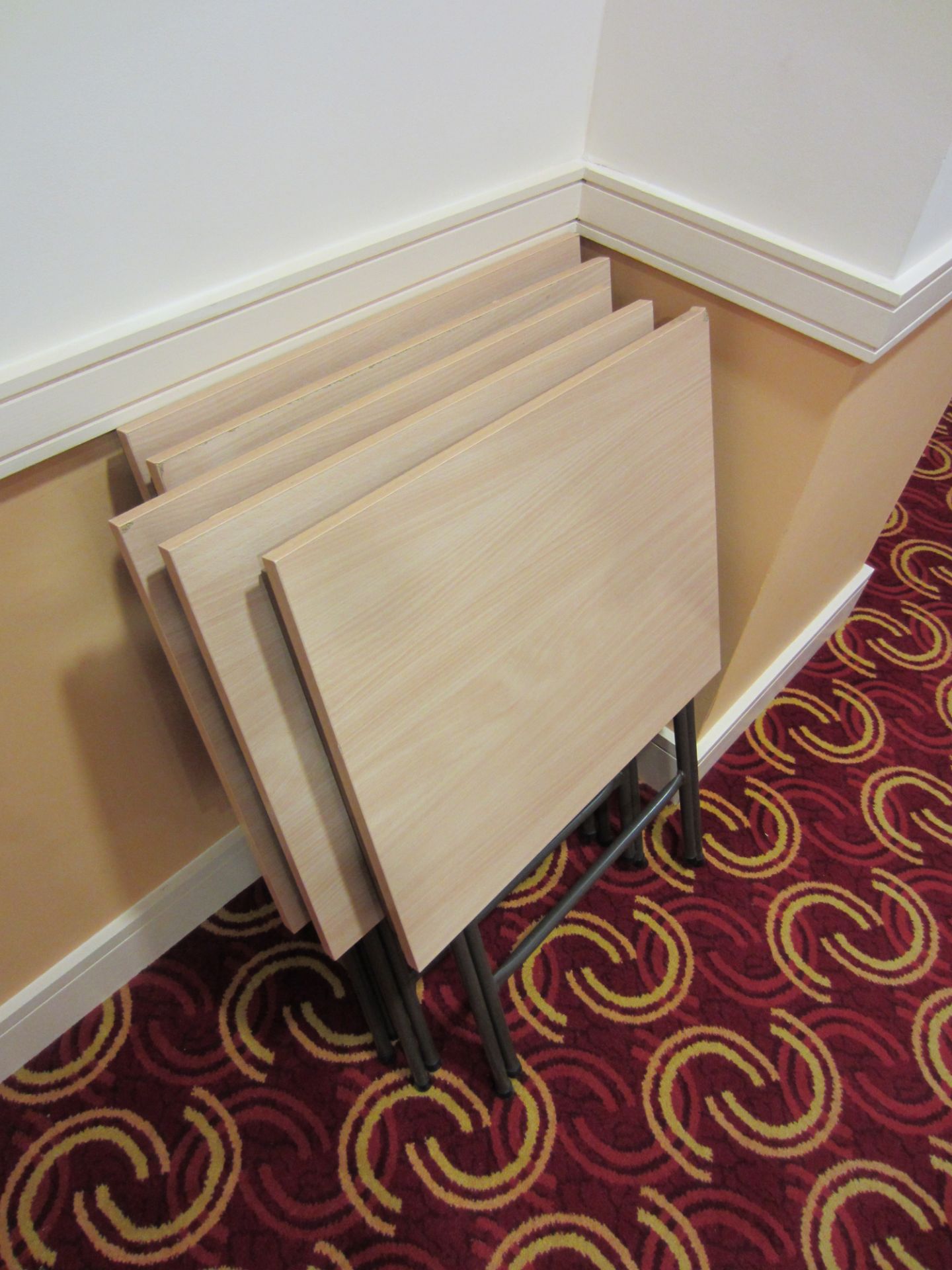 Approx 30 Woodgrain Laminate School Type Tables on Folding Steel Legs 600mm x 500mm