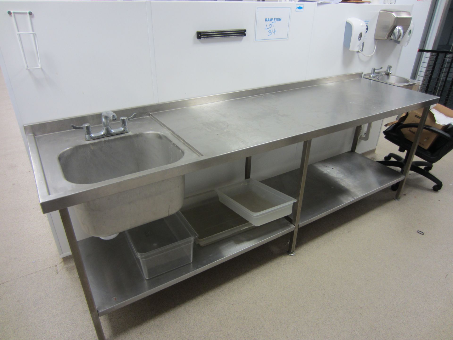 Stainless Steel Prep Table With Upstand At Rear & Left Hand Sink, Chrome Mixer Taps & Shelf Under