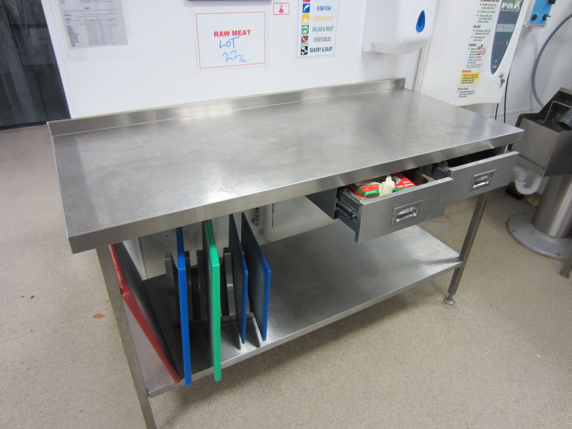 Two Stainless Steel Prep Tables 1640x700mm Fitted 2 Drawers & Shelf Under