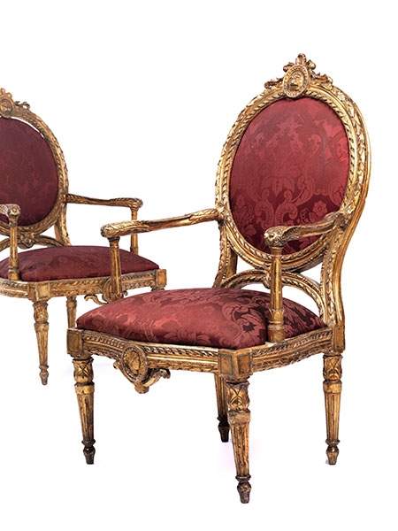 Pair of stately Louis XVI fauteuilsHeight: 118 cm. Width: 74 cm. Depth: ca. 60 cm. Italy, 18th - Image 2 of 5