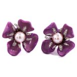 Enamel, pearl and diamond ear clipsDiameter: ca. 3 cm. Weight: ca. 32.6 g. Modern, purple