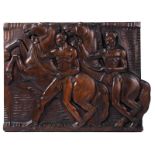 Großes Holzrelief mit Rossebändigern von William Ohly, 1883 - ? 94 x 126,5 cm. Rechts oben