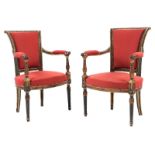 Pair of Directoire armchairsHeight: 84 cm. Width: 57 cm. Depth: ca. 48 cm. France, end of the 18th