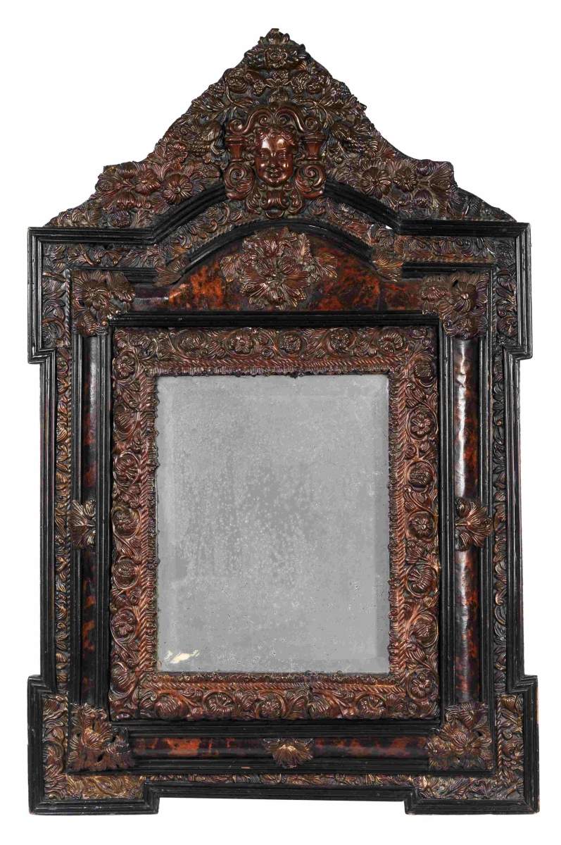 Mirror with opulent tortoiseshell and relief applications88 x 58 cm. Flanders/ Antwerp, early 18th