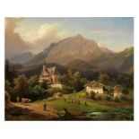 Franz Reinhold,1816 - 1893 VIEW OF A MOUNTAIN MASSIF WITH CHAPEL AND FARM AT THE FRONT AND