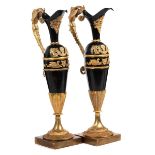 Pair of Neoclassic mantle vasesHeight: 61 cm. 19th century. Burnished and fire-gilt bronze.  Paar