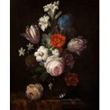 Nicolaes van Veerendael,1640 Antwerp - 1691 FLOWER BOUQUET IN A CRYSTAL VASE Oil on canvas. 65 x