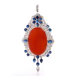 Carnelian, diamond and sapphire pendant by CartierLength including eyelets: ca. 9 cm. Width: ca. 4