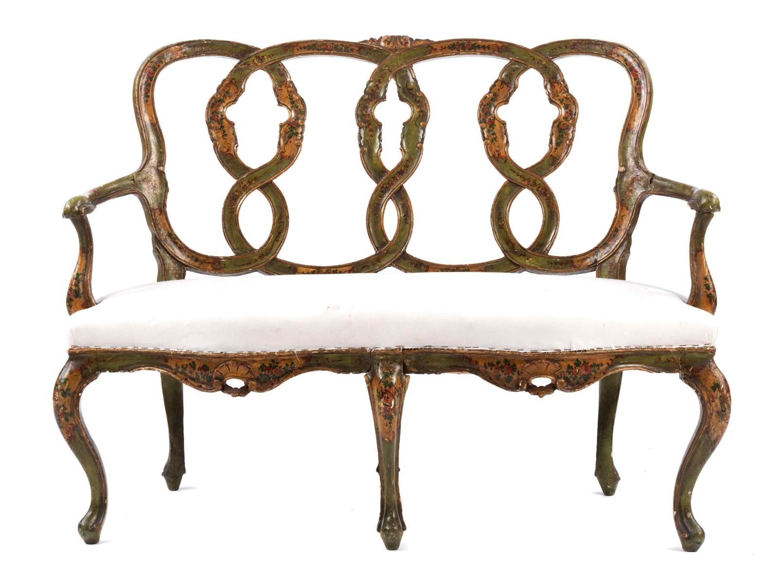 Venetian Rococo setteeHeight: 94 cm. Width: 118 cm. Depth: ca. 55 cm. Italy, mid-18th century.