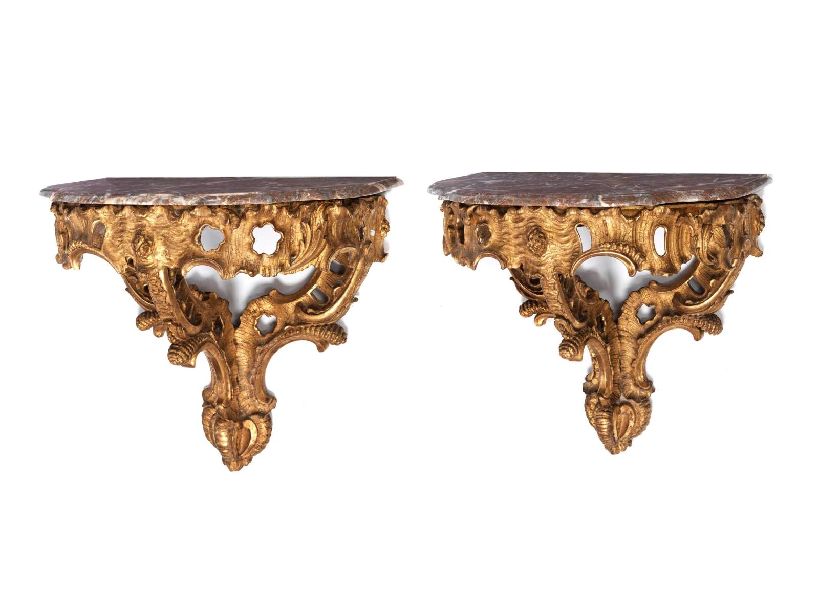 Pair of Rococo wall console tablesHeight: 73 cm. Width: 78 cm. Depth: 50 cm. Probably Germany,
