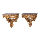 Pair of Rococo wall console tablesHeight: 73 cm. Width: 78 cm. Depth: 50 cm. Probably Germany,