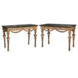 Pair of large Louis XVI style consolesHeight: 95 cm. Width: 143 cm. Depth: 62 cm. Italy. Carved