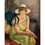 Max Rimböck, 1890 - 1956 DAMENPORTRAIT MIT SONNENHUT Öl auf Leinwand. Ca. 96 x 78 cm. Rechts unten