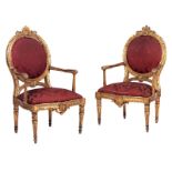 Pair of stately Louis XVI fauteuilsHeight: 118 cm. Width: 74 cm. Depth: ca. 60 cm. Italy, 18th