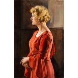 Max Rimböck, 1890 - 1956 PORTRAIT EINER DAME IN ROTEM KLEID Öl auf Leinwand. 91 x 59 cm. Rechts oben