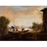 18th century French painterRIVER LANDSCAPE WITH ANGLERS Oil on canvas. Relined. 40.5 x 52 cm.