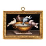 Fine micromosaic with Pliny's pigeons8 x 12.5 cm. Rome, ca. 1800. In gilt-bronze frame. Minimally