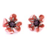 Enamel and diamond ear clipsDiameter: ca. 3 cm. Weight: ca. 30.8 g. 18 ct white gold. Floral ear