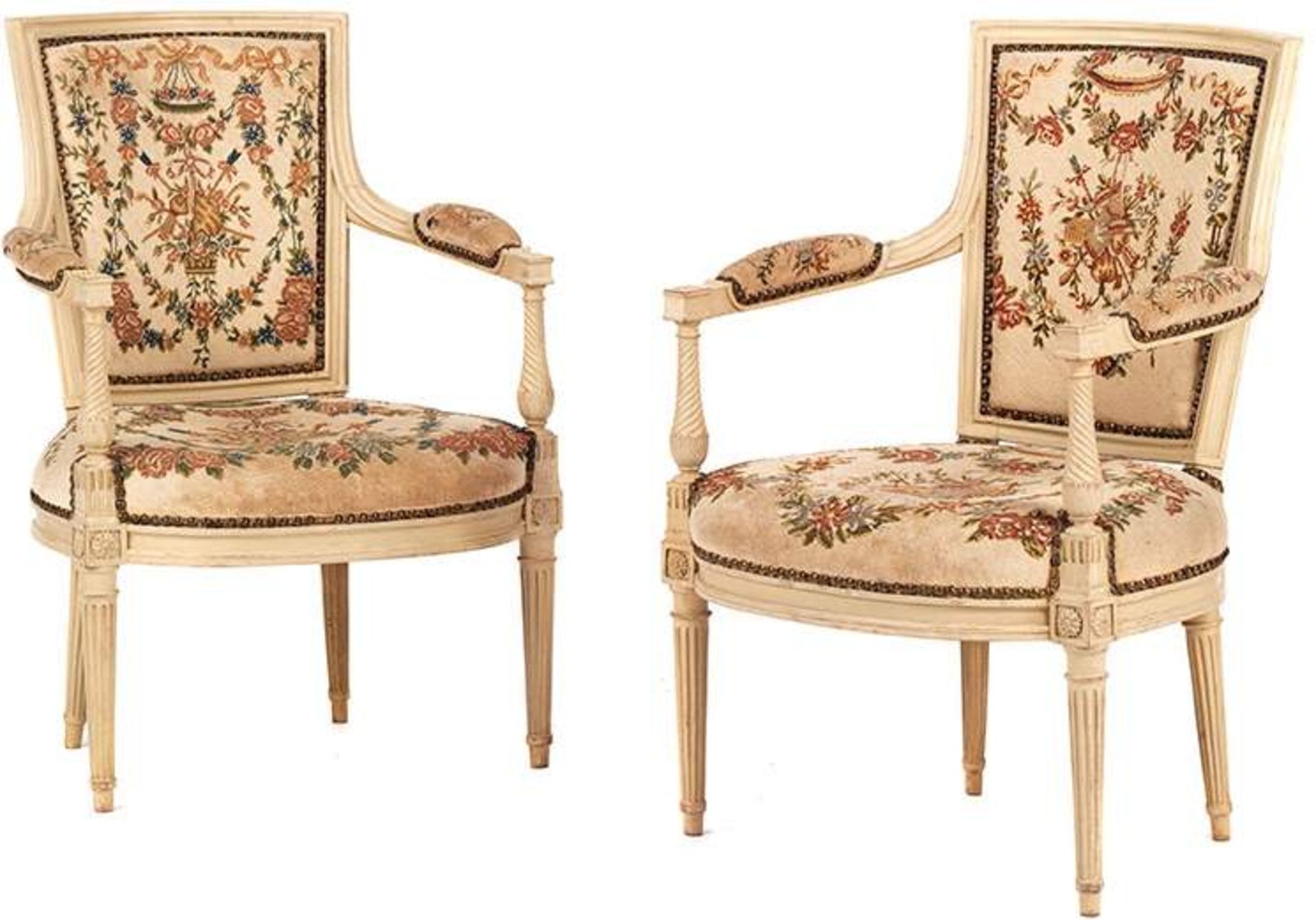 Pair of Louis XVI armchairs, signed ''M. Jullien''Height: 87.5 cm. Width: 75 cm. Depth: 48 cm.