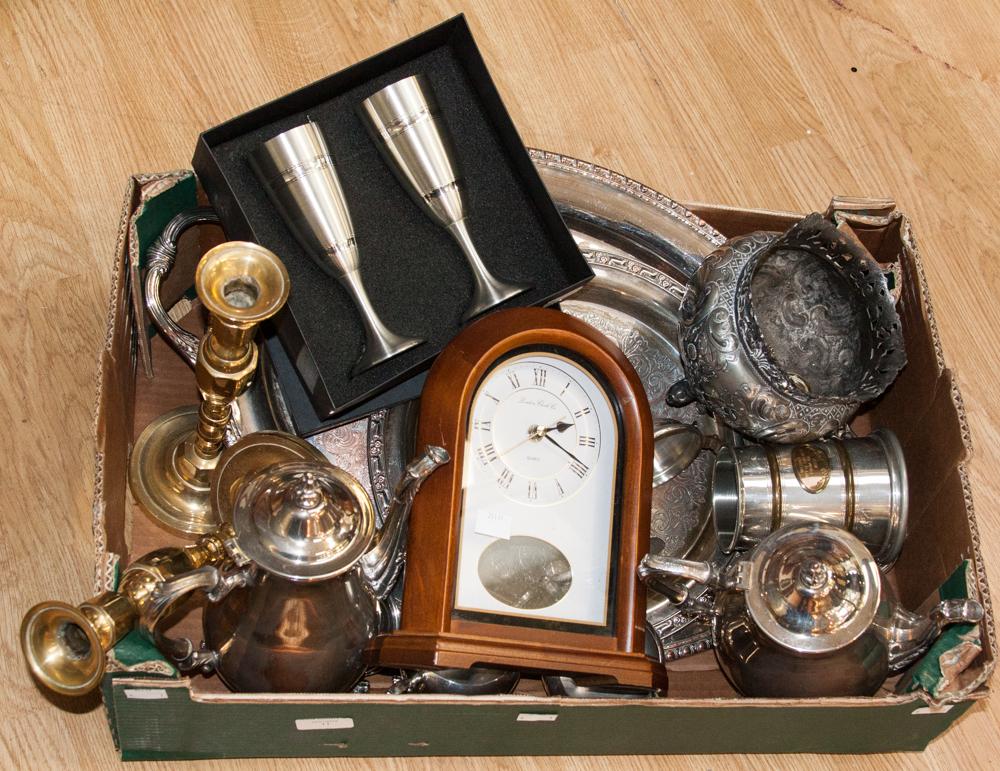 A box of metalwares including brass cand