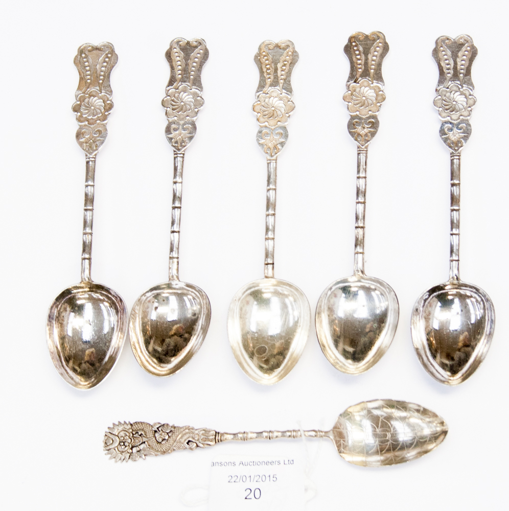 A set of five Chinese white metal teaspo