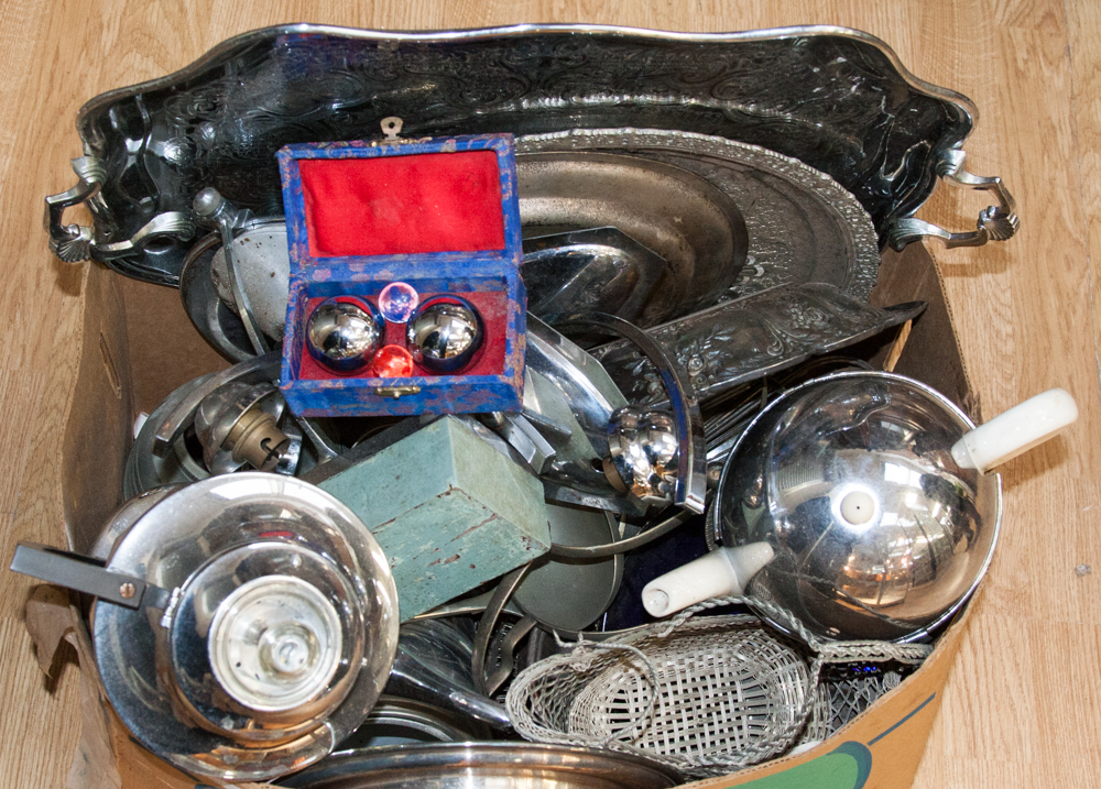 A box of chrome plated tea wares, etc