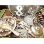 A box of plated wares including trays, t