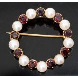 A 14k gold, pearl and garnet brooch, cir