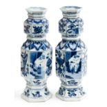 A pair of Chinese blue and white hexagonal double gourd vases, Kangxi period, the lower bulb