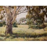 HOLMYARD, JAMES (AUSTRALIAN) (1929), rural landscape with trees, wild animals and building beyond,