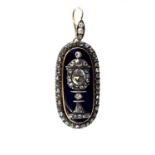 A George III diamond and enamel memorial pendant, the classical urn set with graduated rose-cut