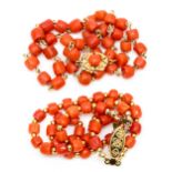 A coral necklace with gold clasp; and bracelet, 28g gross