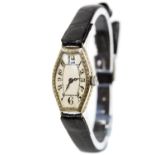 A lady's 18ct white gold Art Deco Rolex wristwatch, Arabic numerals, Prima movement, leather strap,