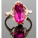 A Russian 14k gold and synthetic ruby ring, the marquise cut stone claw set with foliate mount, ring