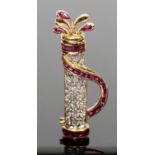 Golfing interest - a ruby and diamond novelty brooch, as a golf bag and clubs, set with round