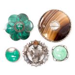 Five assorted silver brooches, set with banded agate, malachite, Scottish thistle with citrine, etc