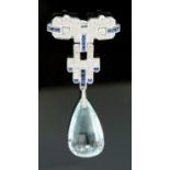 An Art Deco aquamarine, diamond and sapphire brooch, the geometric design set with round brilliant-