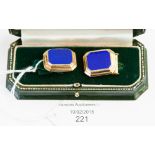 A pair of 18ct gold and lapis lazuli cufflinks, set with a canted rectangular stone in a stepped