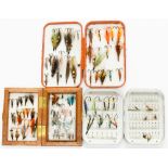 Wheatley fly box. Hardy plastic fly box. Small wooden fly box - containing salmon tube flies and