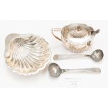 A silver mustard, shell butter dish and pair condiment ladles (5)