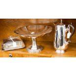 Hot water/coffee pot, cake or fruit stand and sardine dish lid/stand and dish (3)