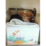 A copper and brass portable pan warmer, two lamp shades and a cased drawing set
