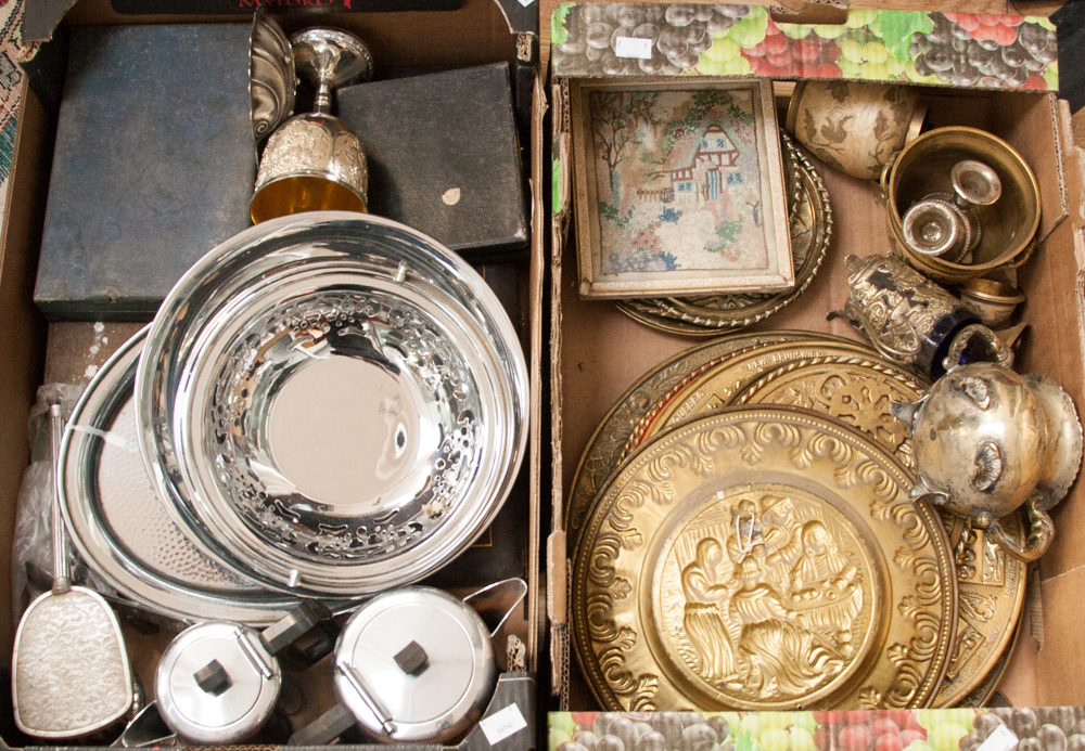 A box of flatware, plated wares,