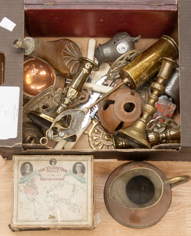 A box of mixed metalware and a British Empire Exhibition puzzle jigsaw