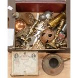 A box of mixed metalware and a British Empire Exhibition puzzle jigsaw